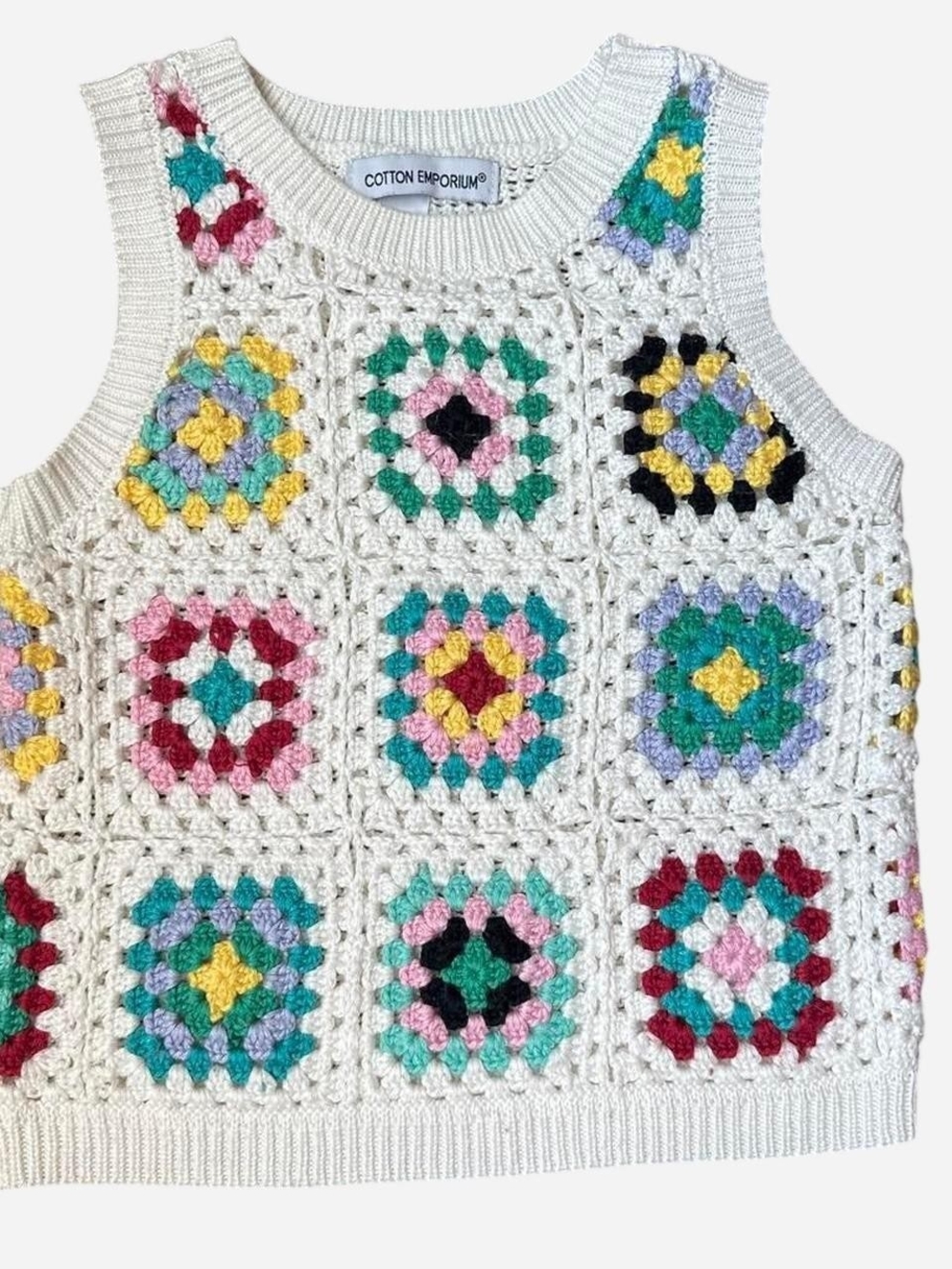 Cotton Emporium Cream Crochet Tank with Multicolor Granny Squares